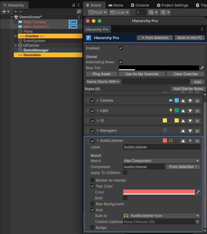 A Has Component rule for AudioListener created with + From Selection
