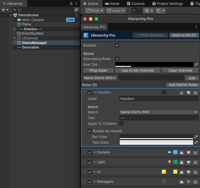 A Headers rule with Render As Header enabled, showing bar and text color