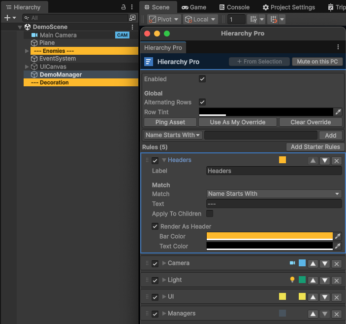 Hierarchy Pro — before and after styling a Unity hierarchy