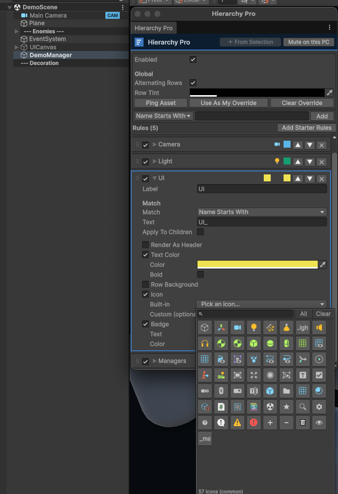 The built-in editor icon picker open on a rule in Hierarchy Pro