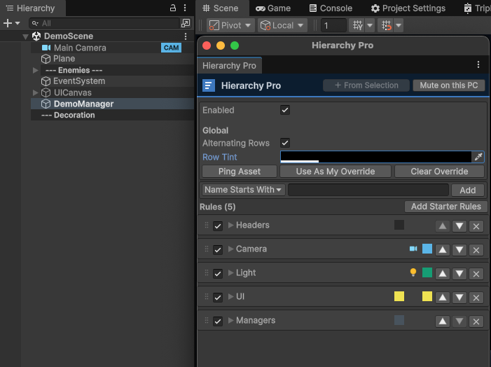 The Hierarchy Pro Rules window listing Headers, Camera, Light, UI, and Managers rules