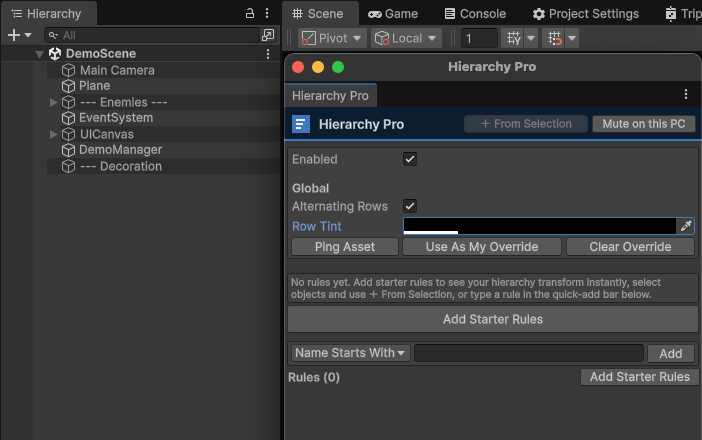 A Unity hierarchy styled by Hierarchy Pro with header bars, colors, and a CAM badge