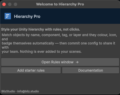 The Hierarchy Pro welcome window shown on first import